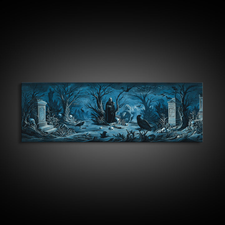 The Underwater Graveyard, Symbolist Etching Art, Extra Wide Wall Art, Macabre Wall Art, Canvas Print, Halloween Wall Art