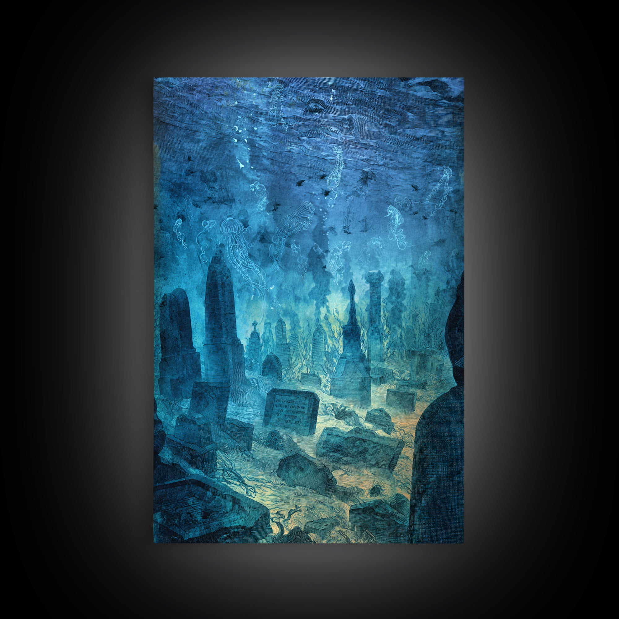The Underwater Graveyard, Expressionist Gothic Art, Vertical Wall Art, Dark Fantasy Wall Art, Framed Canvas Print, Halloween Wall Art