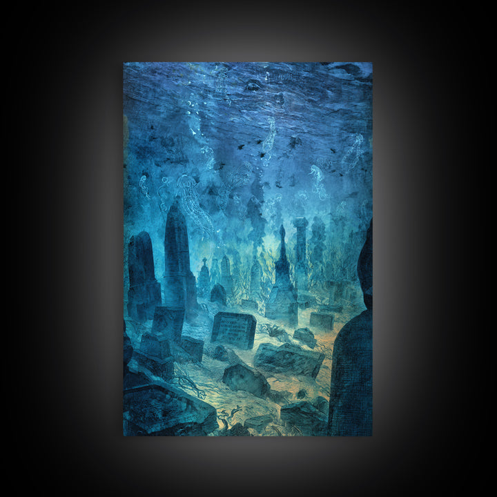 The Underwater Graveyard, Expressionist Gothic Art, Vertical Wall Art, Dark Fantasy Wall Art, Framed Canvas Print, Halloween Wall Art