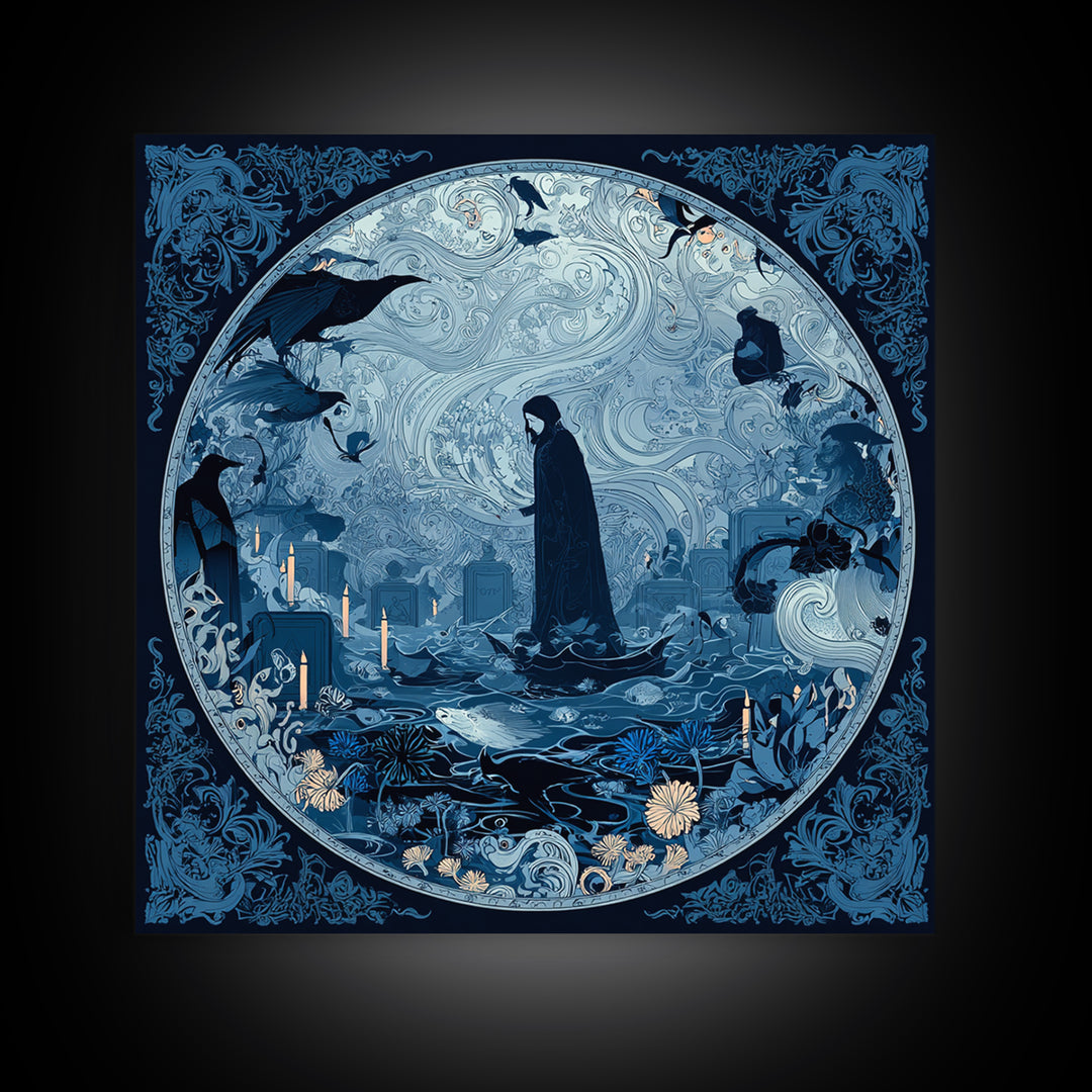 The Underwater Graveyard, Decadent Line Art, Square Wall Art, Gothic Horror Wall Art, Canvas Print, Halloween Wall Art