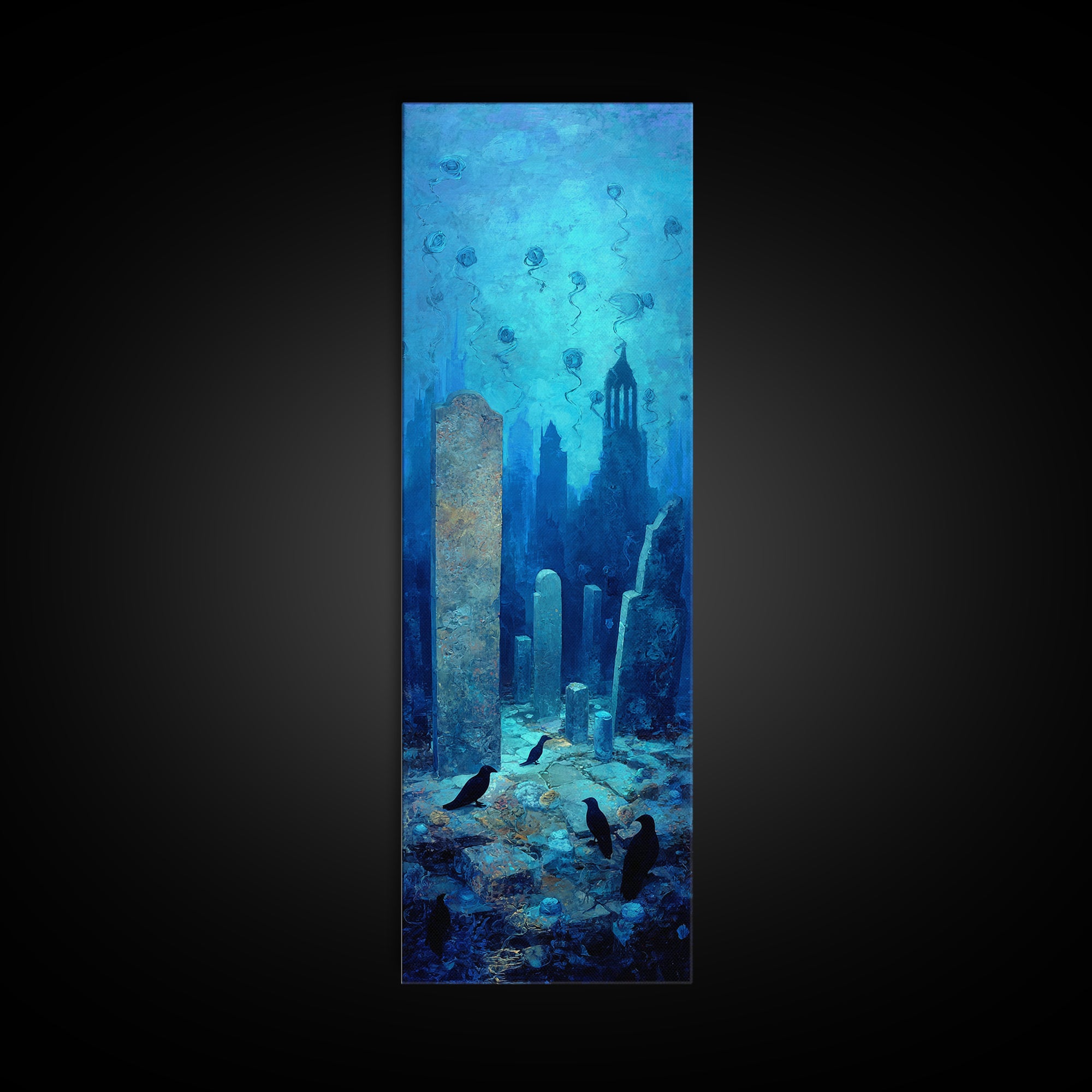 The Underwater Graveyard, Surreal Apocalyptic Art, Tall Narrow Wall Art, Gothic Horror Wall Art, Framed Canvas Print