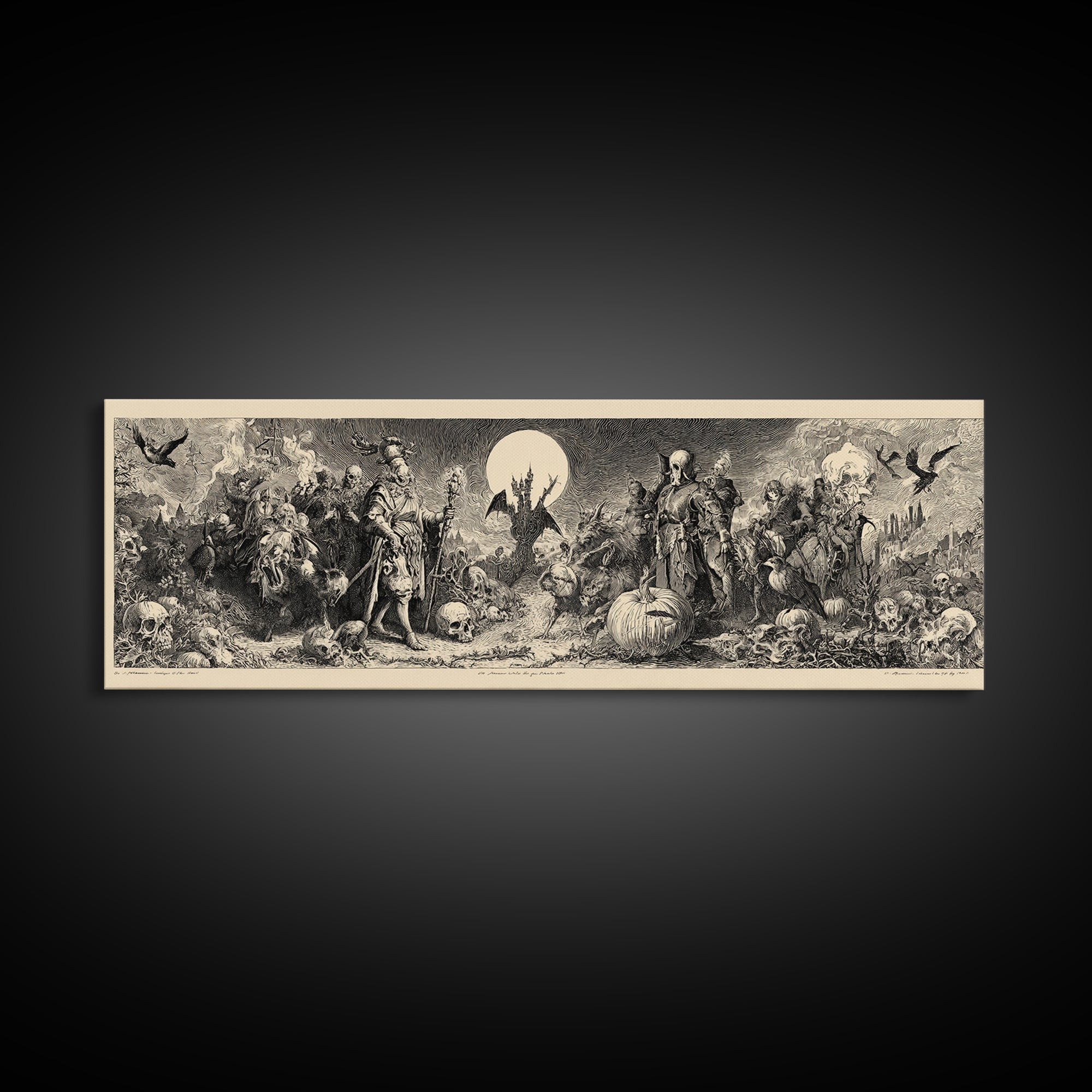 Desert Halloween, Renaissance Engraving Art, Extra Wide Wall Art, Macabre Wall Art, Framed Canvas Print, Halloween Wall Art