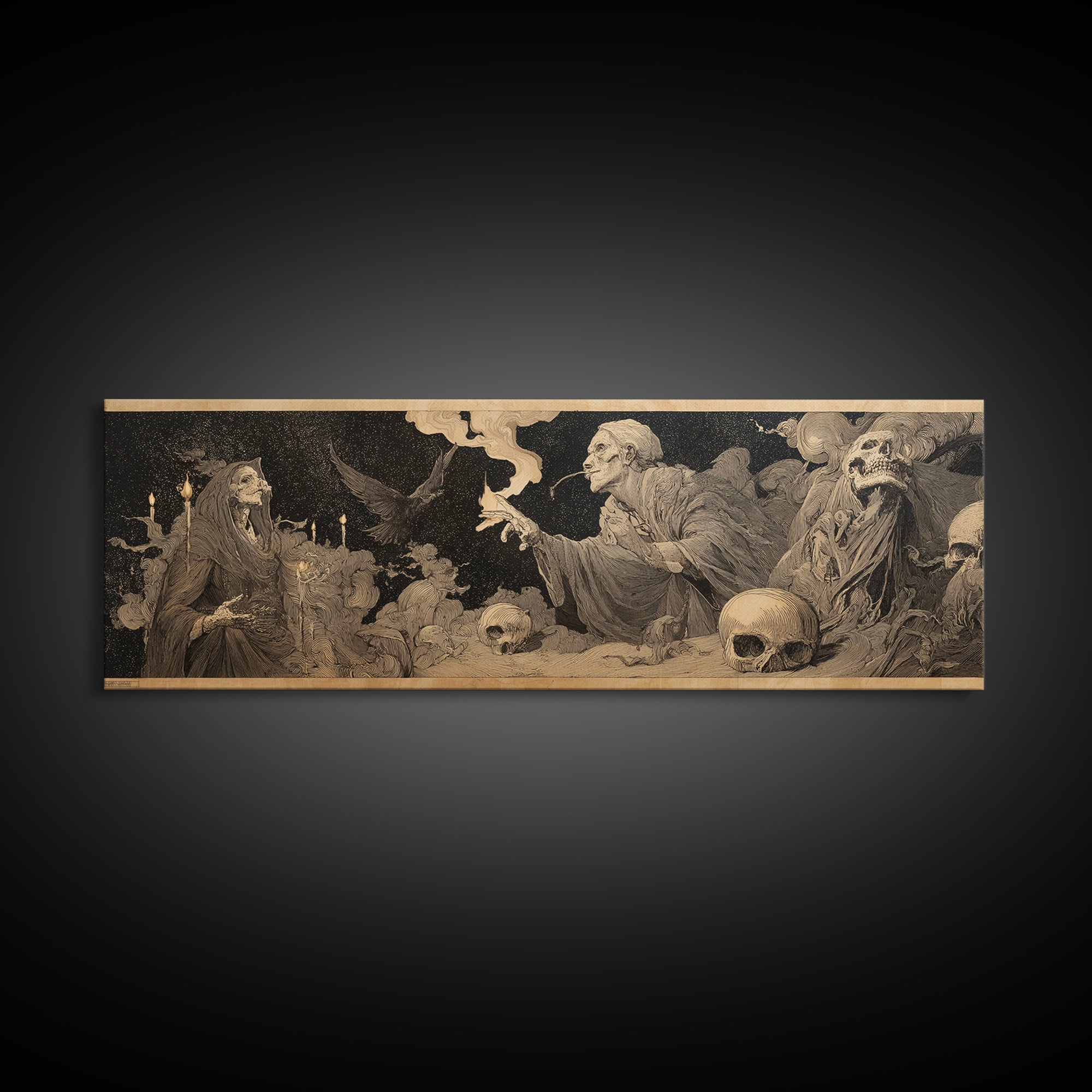 Desert Halloween, Symbolist Etching Art, Extra Wide Wall Art, Dark Halloween Decor, Canvas Print, Halloween Wall Art, Dark Fantasy Art