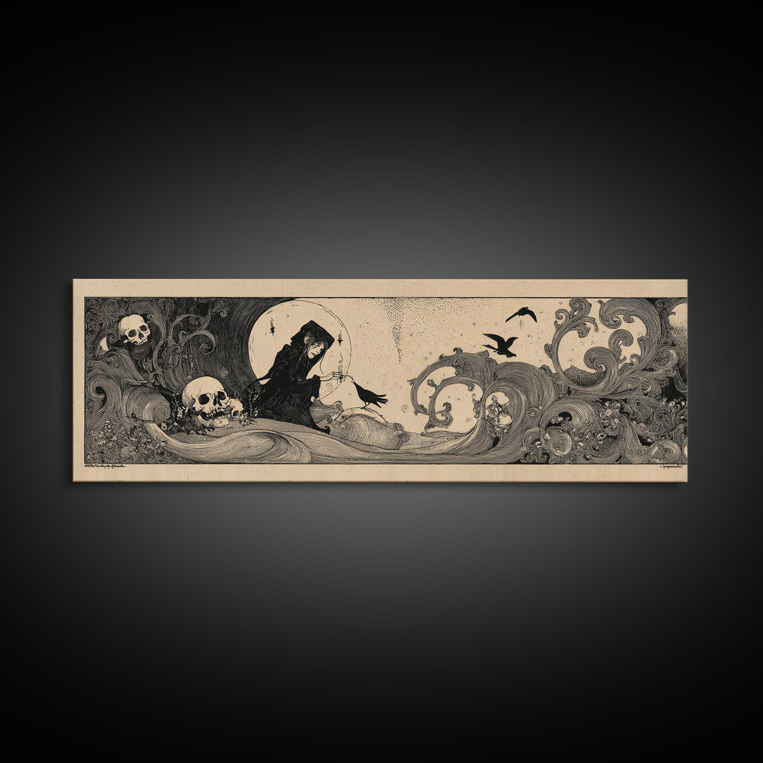 Desert Halloween, Decadent Line Art, Extra Wide Wall Art, Macabre Wall Art, Framed Canvas Print, Halloween Wall Art