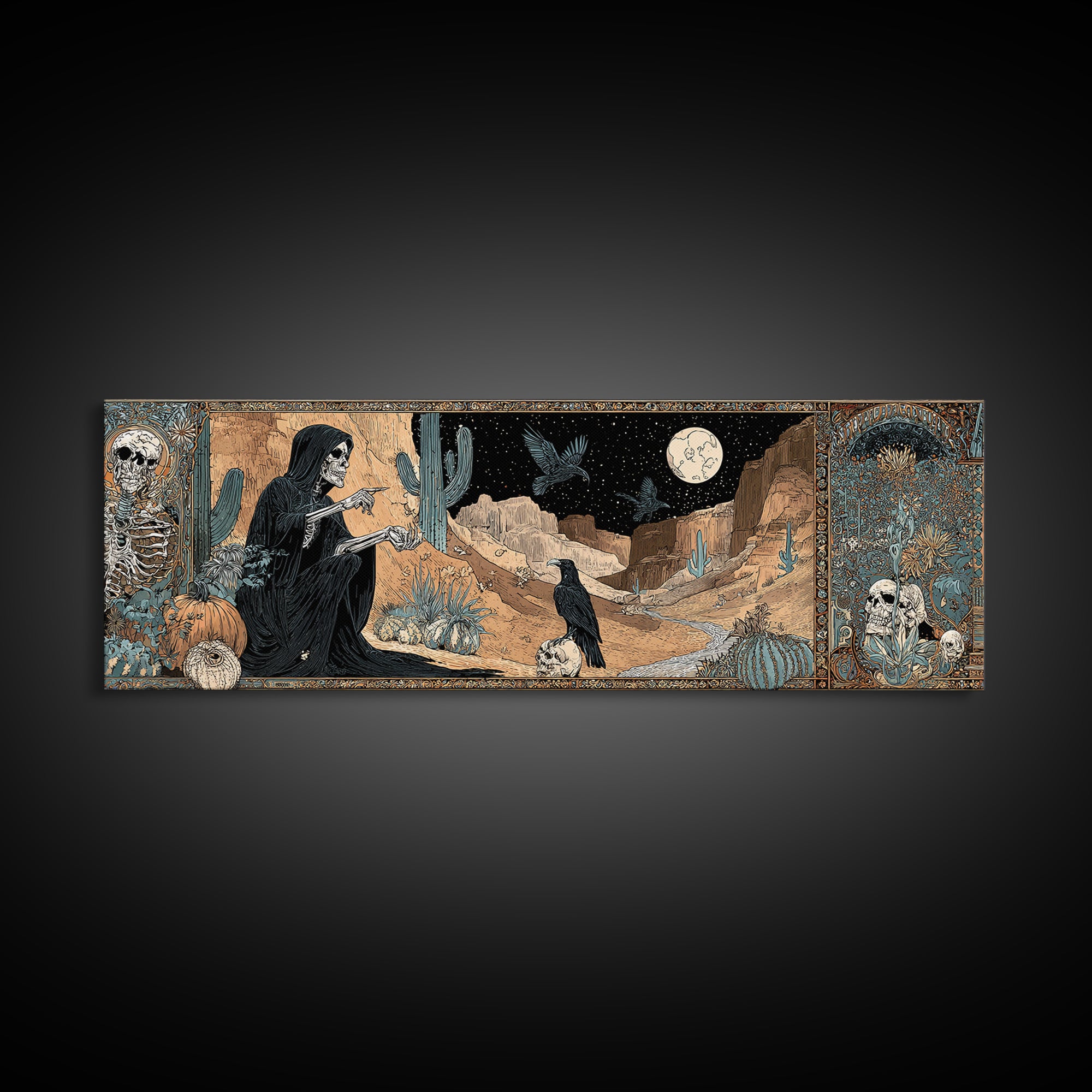 Desert Halloween, Stained Glass Gothic Art, Extra Wide Wall Art, Gothic Horror Wall Art, Canvas Print, Halloween Wall Art