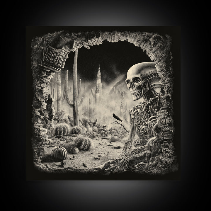 Desert Halloween, Biomechanical Horror Art, Square Wall Art, Dark Halloween Decor, Canvas Print, Halloween Wall Art, Macabre Wall Art
