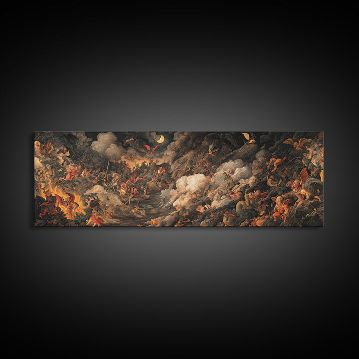 The Volcanic Demon Festival, Medieval Grotesque Art, Extra Wide Wall Art, Dark Halloween Decor, Framed Canvas Print