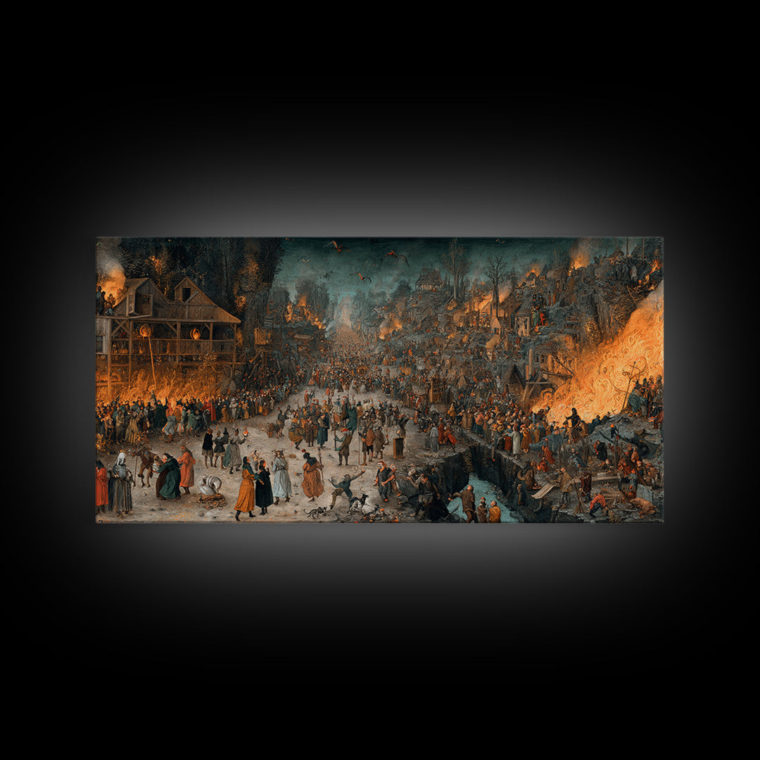 The Volcanic Demon Festival, Northern Renaissance Horror, Wide Panoramic Art, Gothic Horror Wall Art, Framed Canvas Print