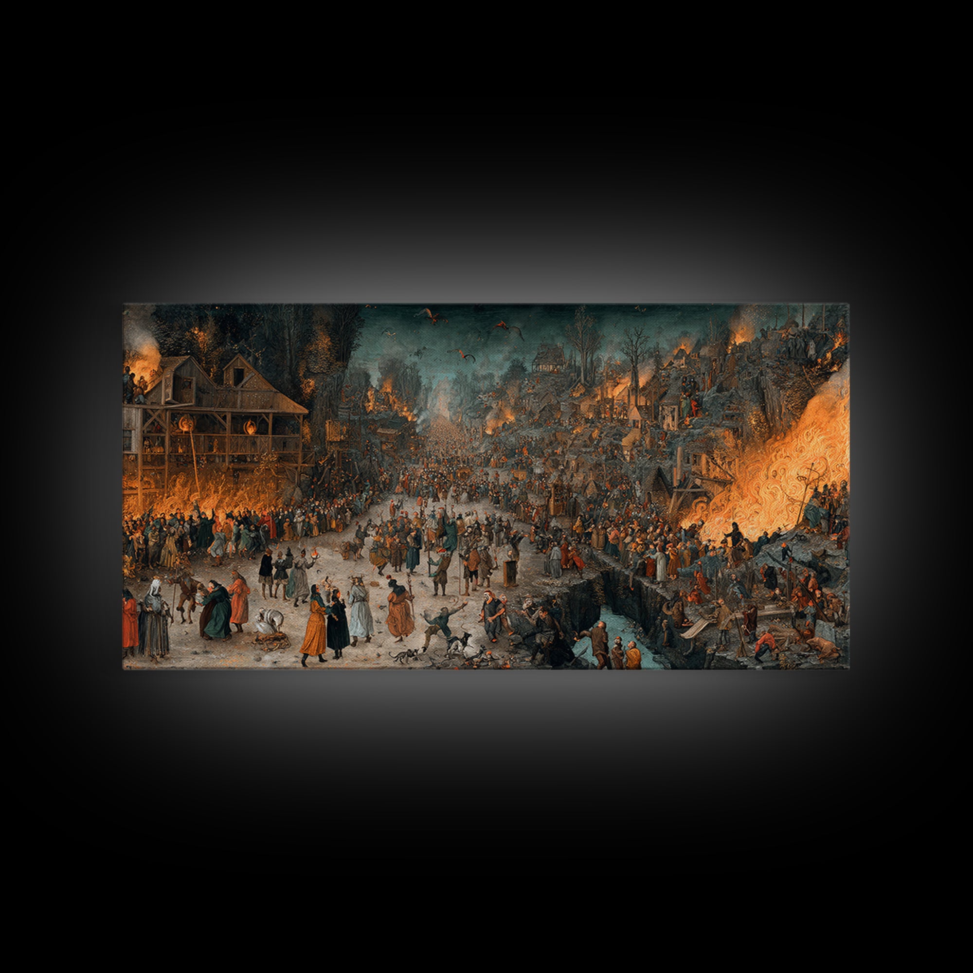 The Volcanic Demon Festival, Northern Renaissance Horror, Wide Panoramic Art, Gothic Horror Wall Art, Framed Canvas Print