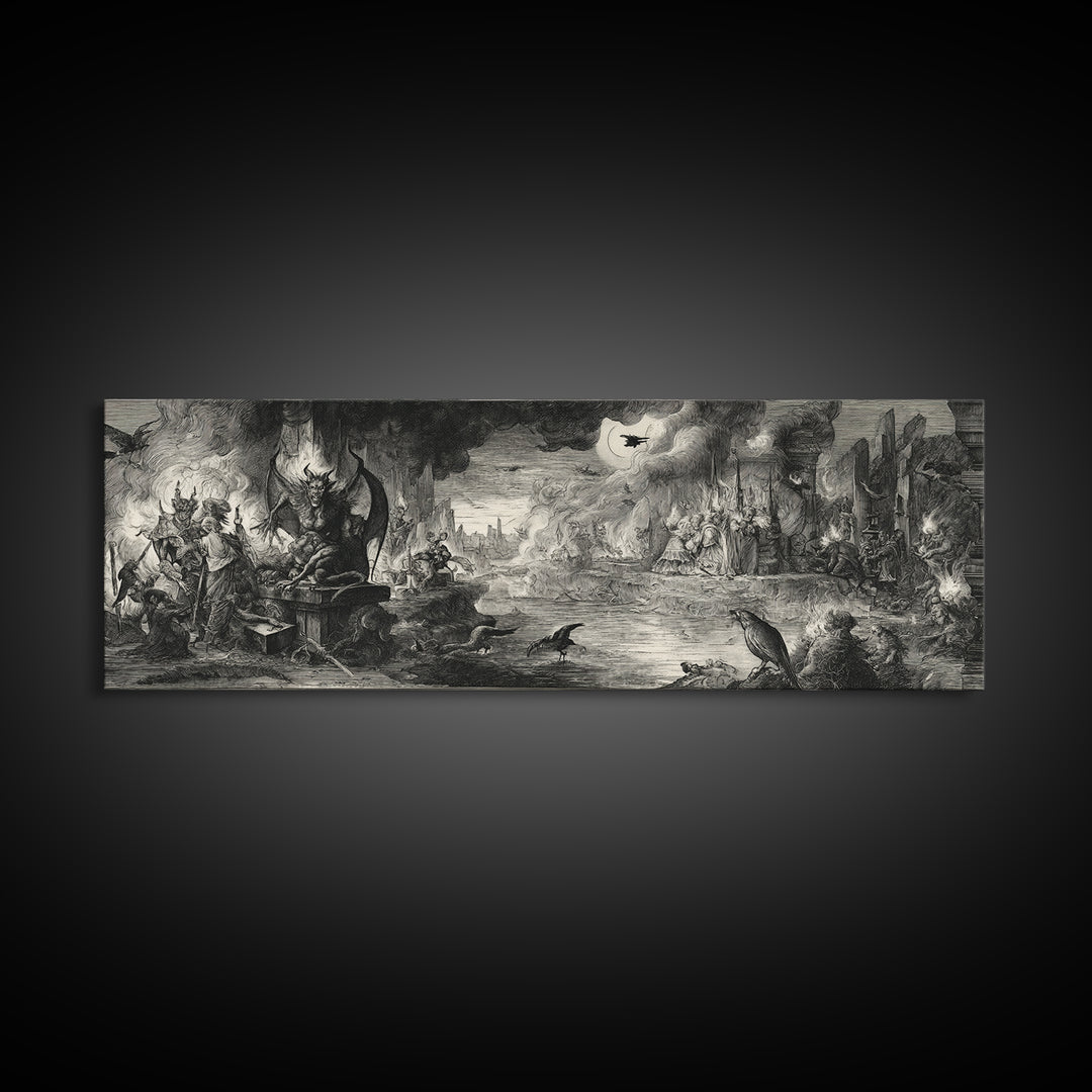 The Volcanic Demon Festival, Renaissance Engraving Art, Extra Wide Wall Art, Dark Halloween Decor, Canvas Print, Halloween Wall Art