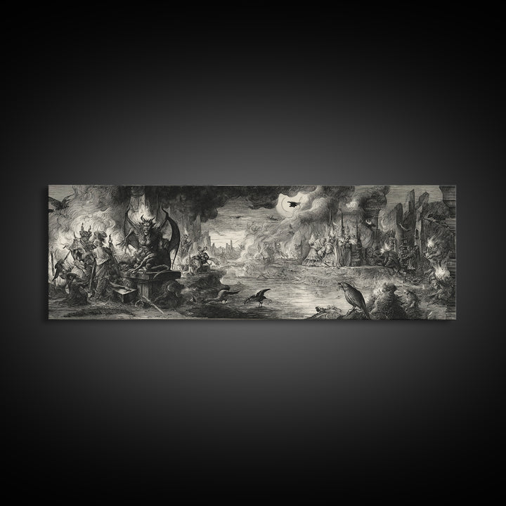 The Volcanic Demon Festival, Renaissance Engraving Art, Extra Wide Wall Art, Dark Halloween Decor, Canvas Print, Halloween Wall Art