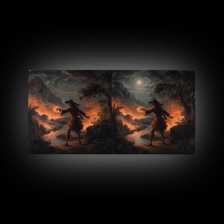The Volcanic Demon Festival, Baroque Witchcraft Art, Wide Panoramic Art, Gothic Horror Wall Art, Framed Canvas Print, Halloween Wall Art