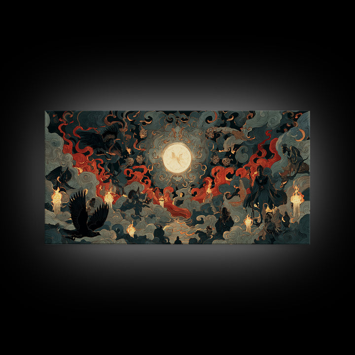 The Volcanic Demon Festival, Visionary Gothic Art, Wide Panoramic Art, Macabre Wall Art, Framed Canvas Print, Halloween Wall Art