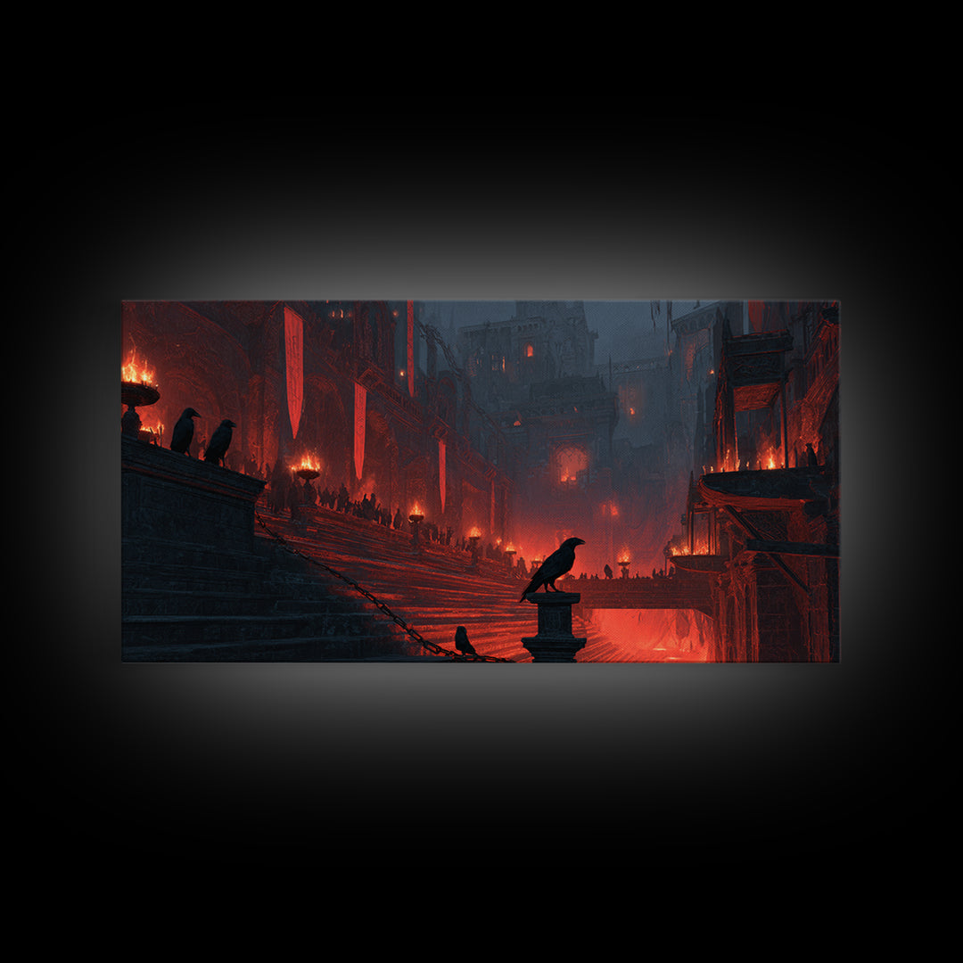 The Volcanic Demon Festival, Architectural Etching Art, Wide Panoramic Art, Gothic Horror Wall Art, Canvas Print