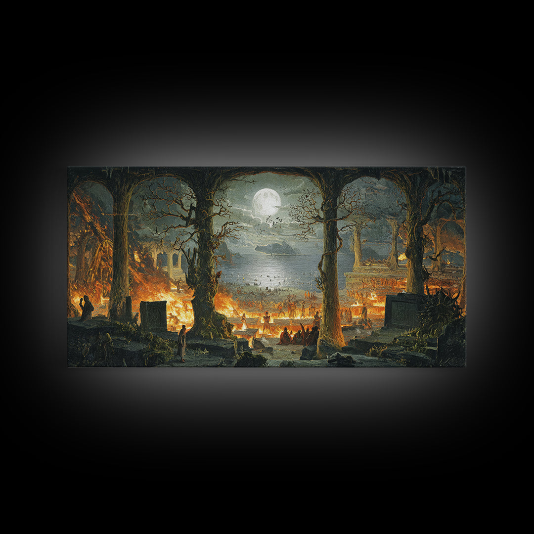 The Volcanic Demon Festival, Romantic Gothic Landscape, Wide Panoramic Art, Dark Halloween Decor, Canvas Print, Halloween Wall Art