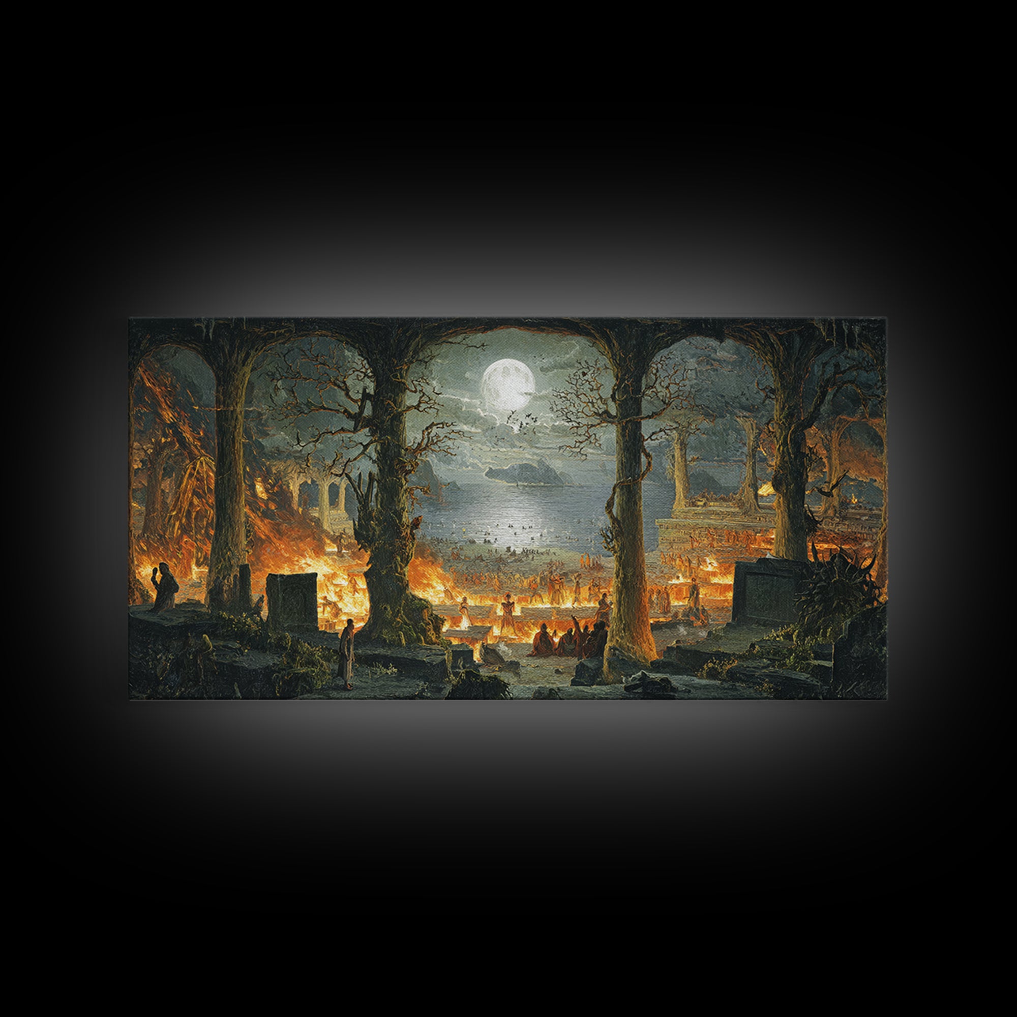 The Volcanic Demon Festival, Romantic Gothic Landscape, Wide Panoramic Art, Dark Halloween Decor, Canvas Print, Halloween Wall Art