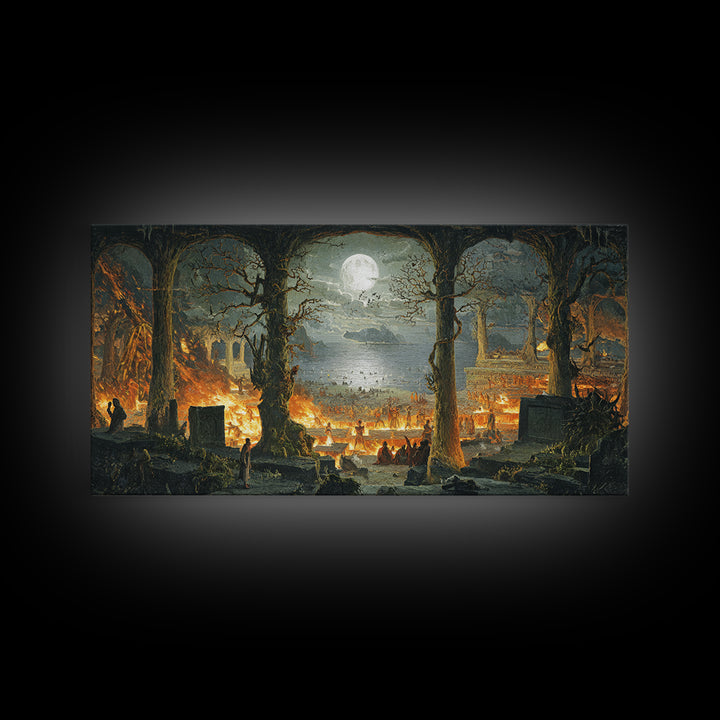 The Volcanic Demon Festival, Romantic Gothic Landscape, Wide Panoramic Art, Dark Halloween Decor, Canvas Print, Halloween Wall Art