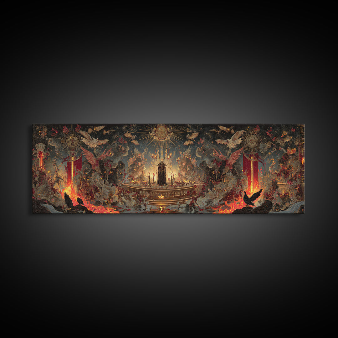 The Volcanic Demon Festival, Ornate Symbolist Art, Extra Wide Wall Art, Dark Halloween Decor, Canvas Print, Halloween Wall Art