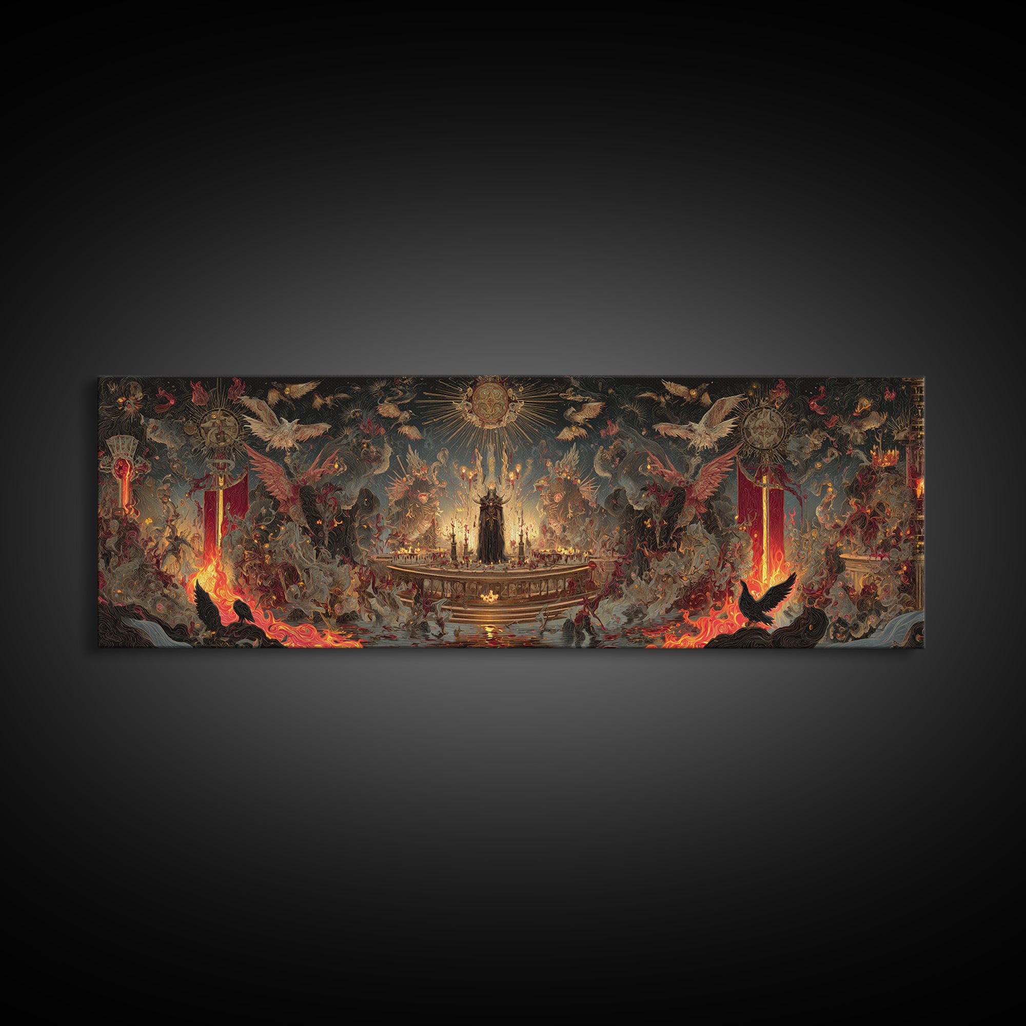 The Volcanic Demon Festival, Ornate Symbolist Art, Extra Wide Wall Art, Dark Halloween Decor, Canvas Print, Halloween Wall Art