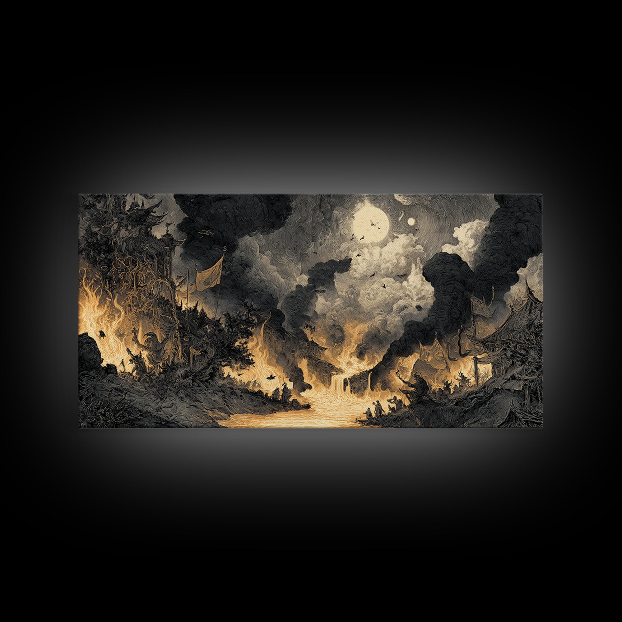 The Volcanic Demon Festival, Expressionist Nightmare Art, Wide Panoramic Art, Dark Halloween Decor, Canvas Print, Halloween Wall Art