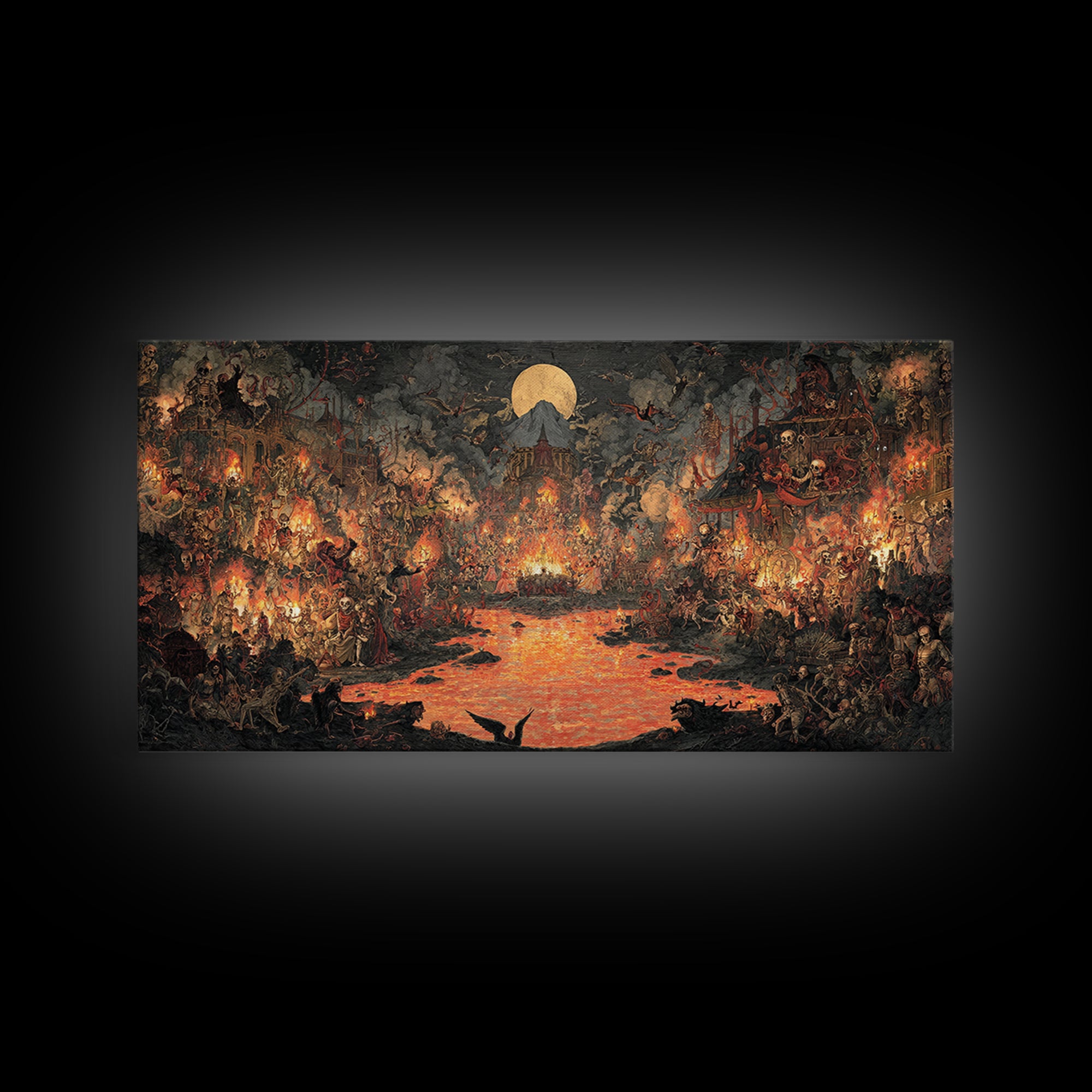 The Volcanic Demon Festival, Grotesque Carnival Art, Wide Panoramic Art, Dark Fantasy Wall Art, Framed Canvas Print, Halloween Wall Art