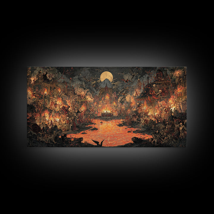 The Volcanic Demon Festival, Grotesque Carnival Art, Wide Panoramic Art, Dark Fantasy Wall Art, Framed Canvas Print, Halloween Wall Art
