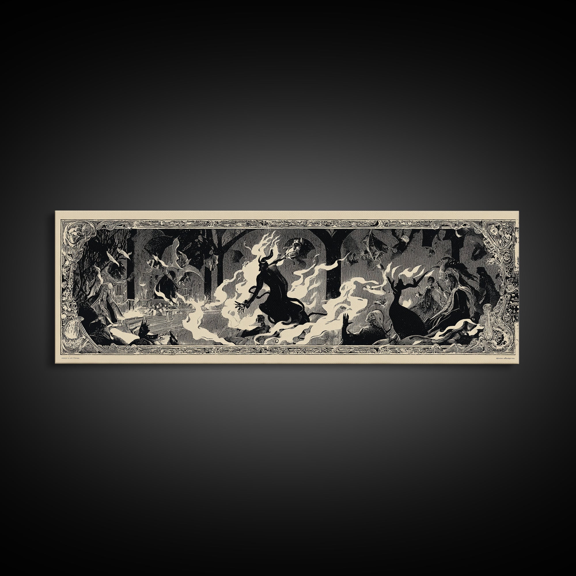 The Volcanic Demon Festival, Decadent Line Art, Extra Wide Wall Art, Dark Halloween Decor, Framed Canvas Print