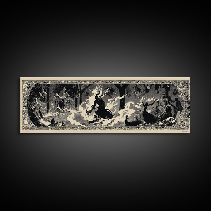 The Volcanic Demon Festival, Decadent Line Art, Extra Wide Wall Art, Dark Halloween Decor, Framed Canvas Print