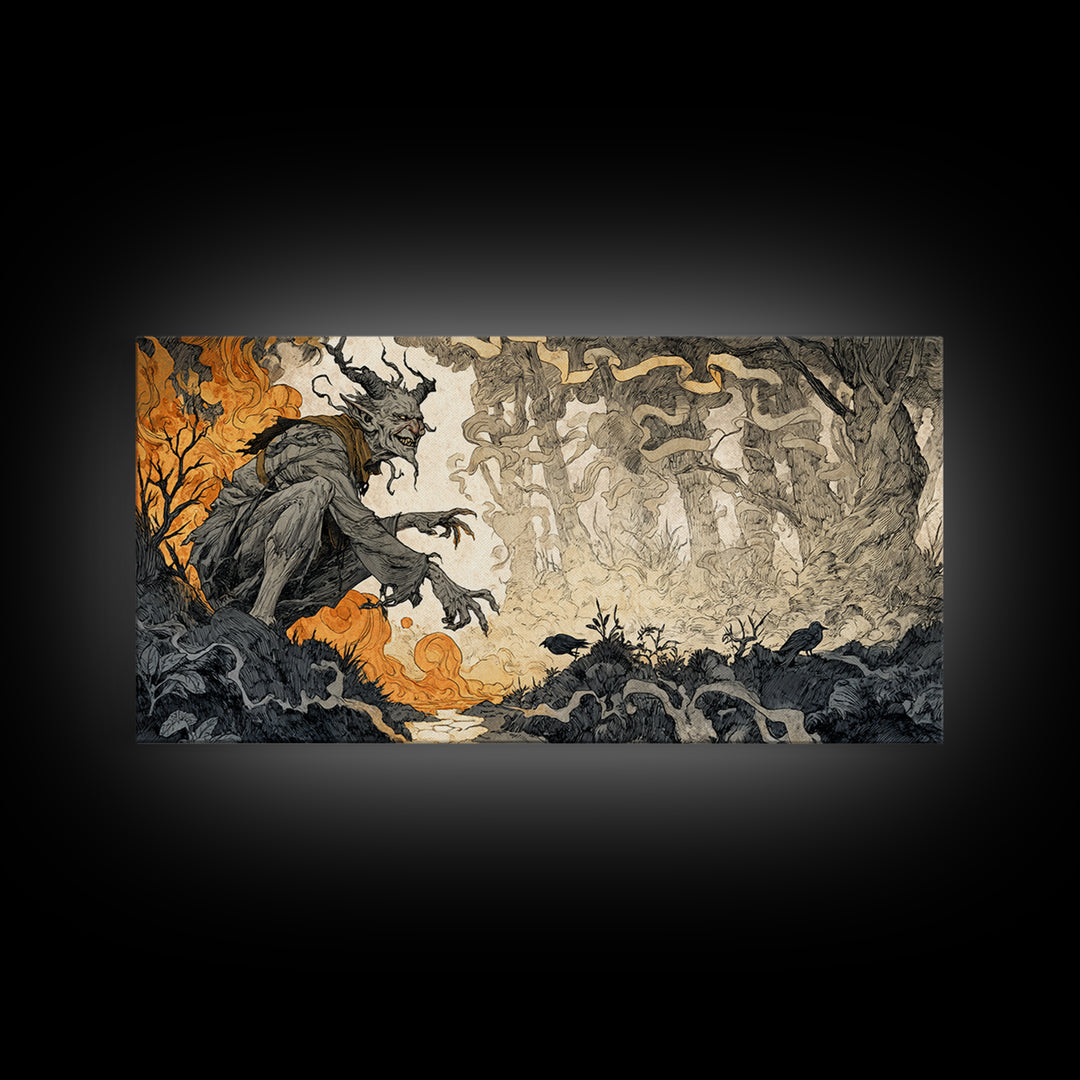 The Volcanic Demon Festival, Gothic Storybook Art, Wide Panoramic Art, Macabre Wall Art, Canvas Print, Halloween Wall Art