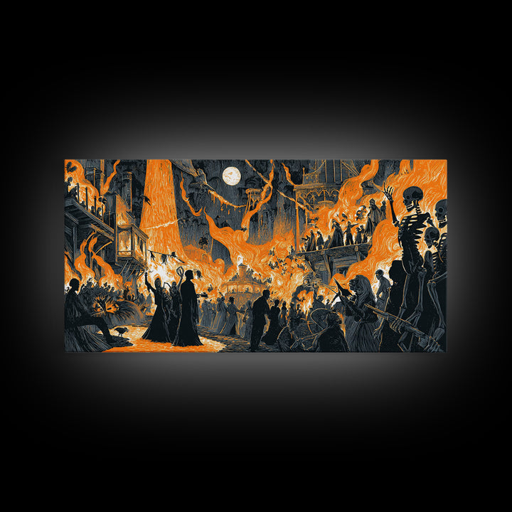 The Volcanic Demon Festival, Macabre Folk Print Art, Wide Panoramic Art, Dark Fantasy Wall Art, Framed Canvas Print