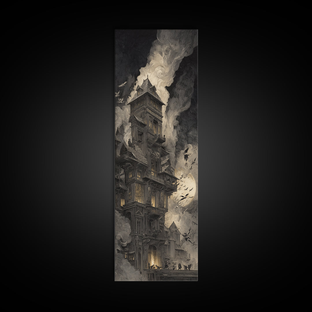 The Clockwork Haunted House, Gothic Engraving Art, Tall Narrow Wall Art, Dark Fantasy Wall Art, Canvas Print, Halloween Wall Art