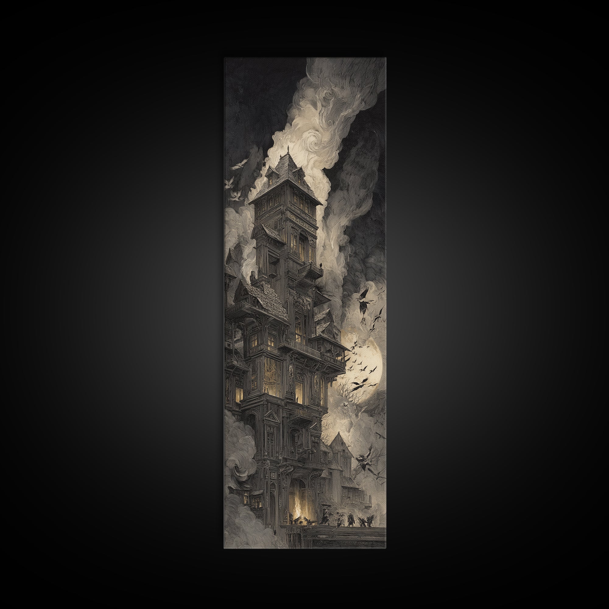 The Clockwork Haunted House, Gothic Engraving Art, Tall Narrow Wall Art, Dark Fantasy Wall Art, Canvas Print, Halloween Wall Art