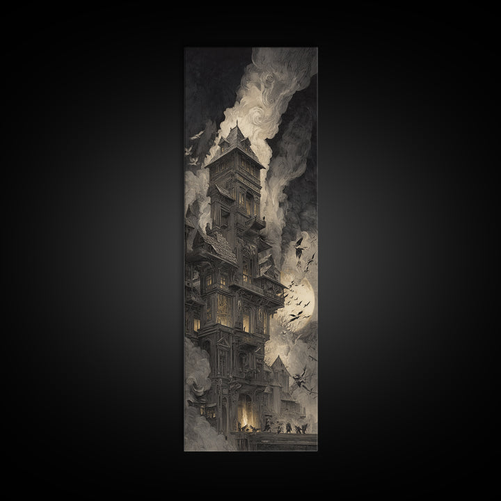The Clockwork Haunted House, Gothic Engraving Art, Tall Narrow Wall Art, Dark Fantasy Wall Art, Canvas Print, Halloween Wall Art