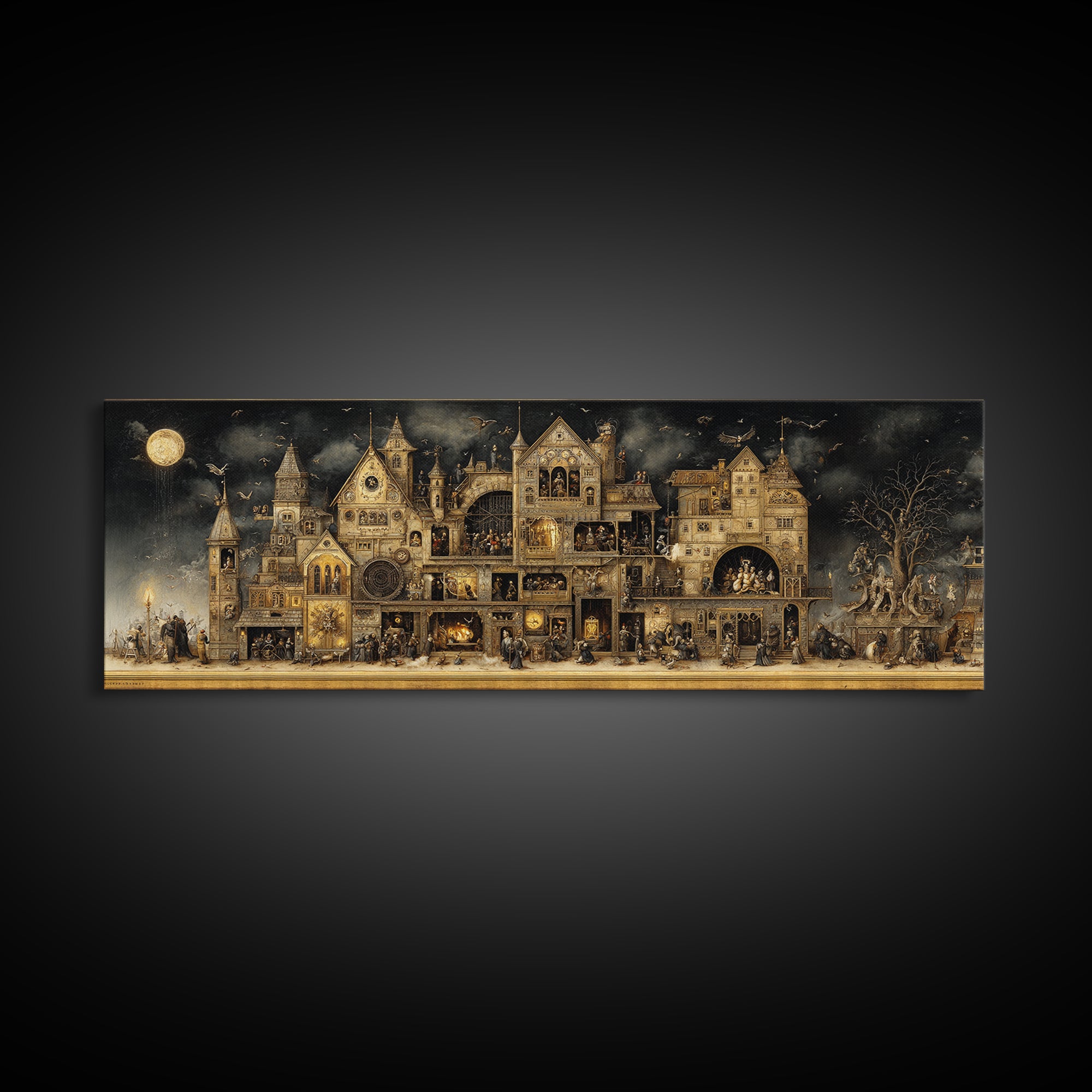 The Clockwork Haunted House, Medieval Grotesque Art, Extra Wide Wall Art, Gothic Horror Wall Art, Canvas Print, Halloween Wall Art