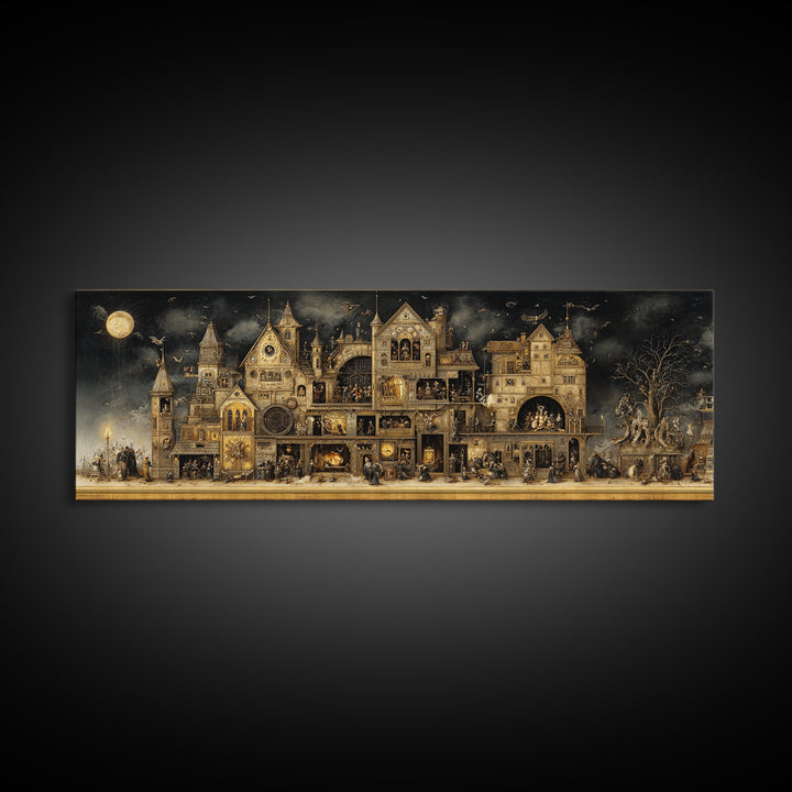 The Clockwork Haunted House, Medieval Grotesque Art, Extra Wide Wall Art, Gothic Horror Wall Art, Canvas Print, Halloween Wall Art