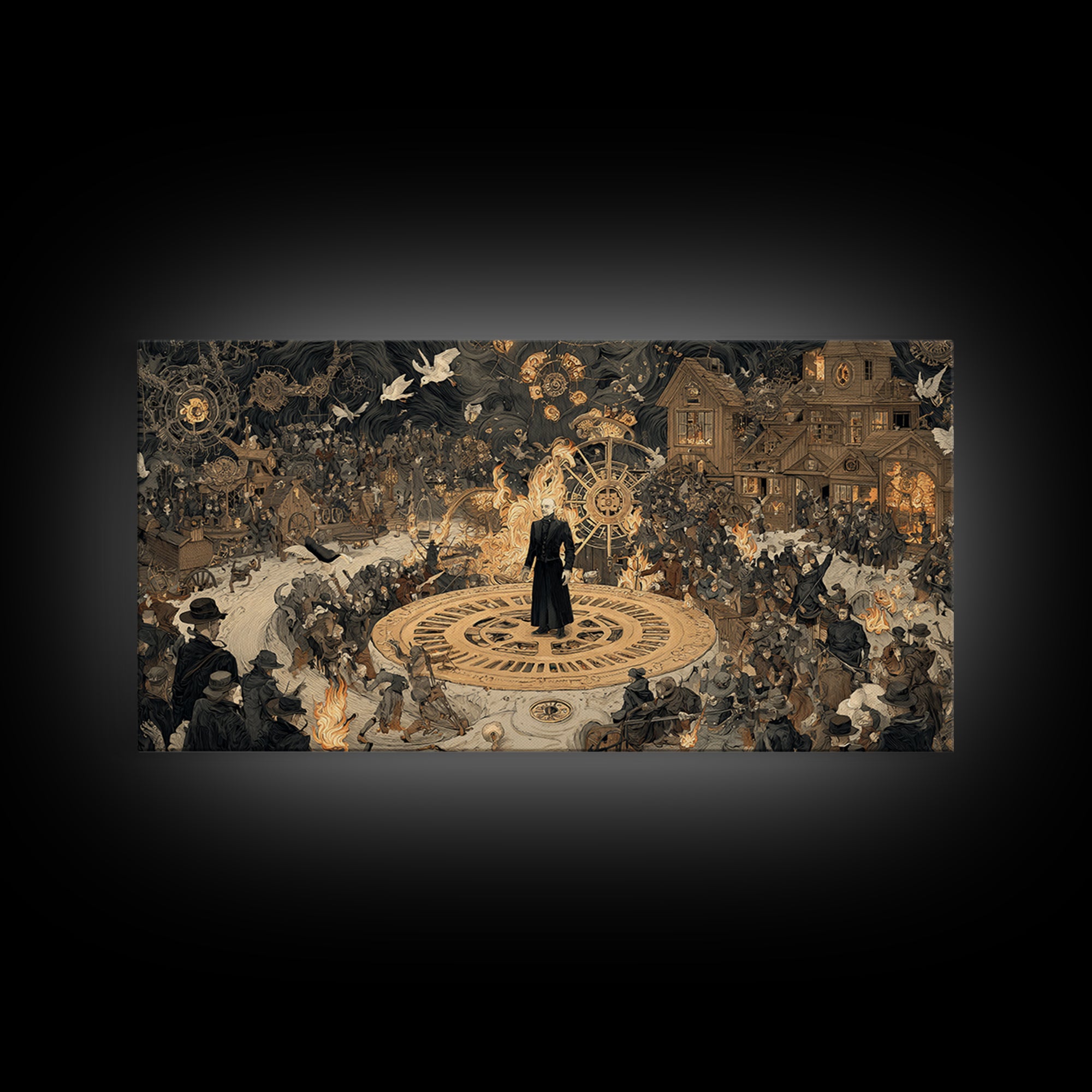 The Clockwork Haunted House, Northern Renaissance Horror, Wide Panoramic Art, Macabre Wall Art, Framed Canvas Print