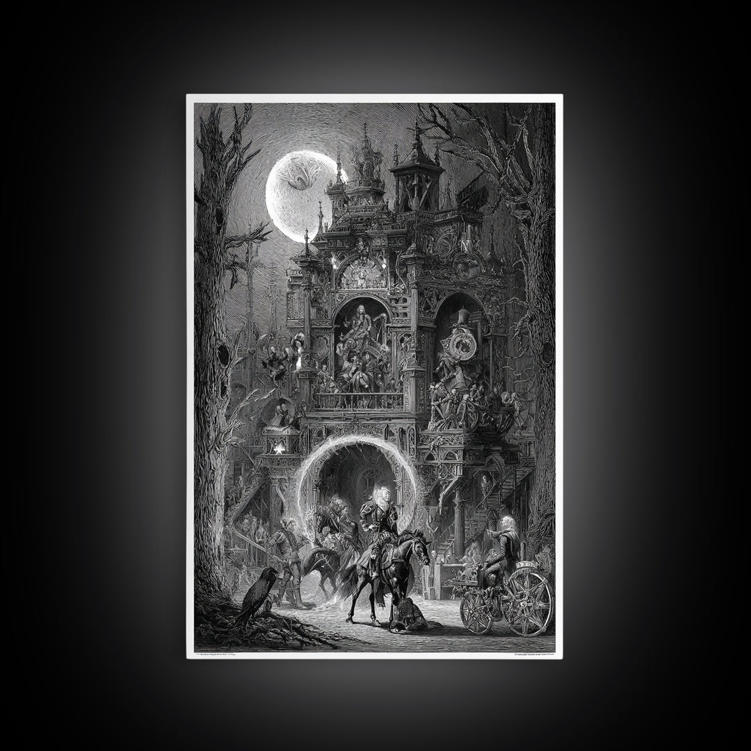 The Clockwork Haunted House, Renaissance Engraving Art, Vertical Wall Art, Macabre Wall Art, Framed Canvas Print, Halloween Wall Art