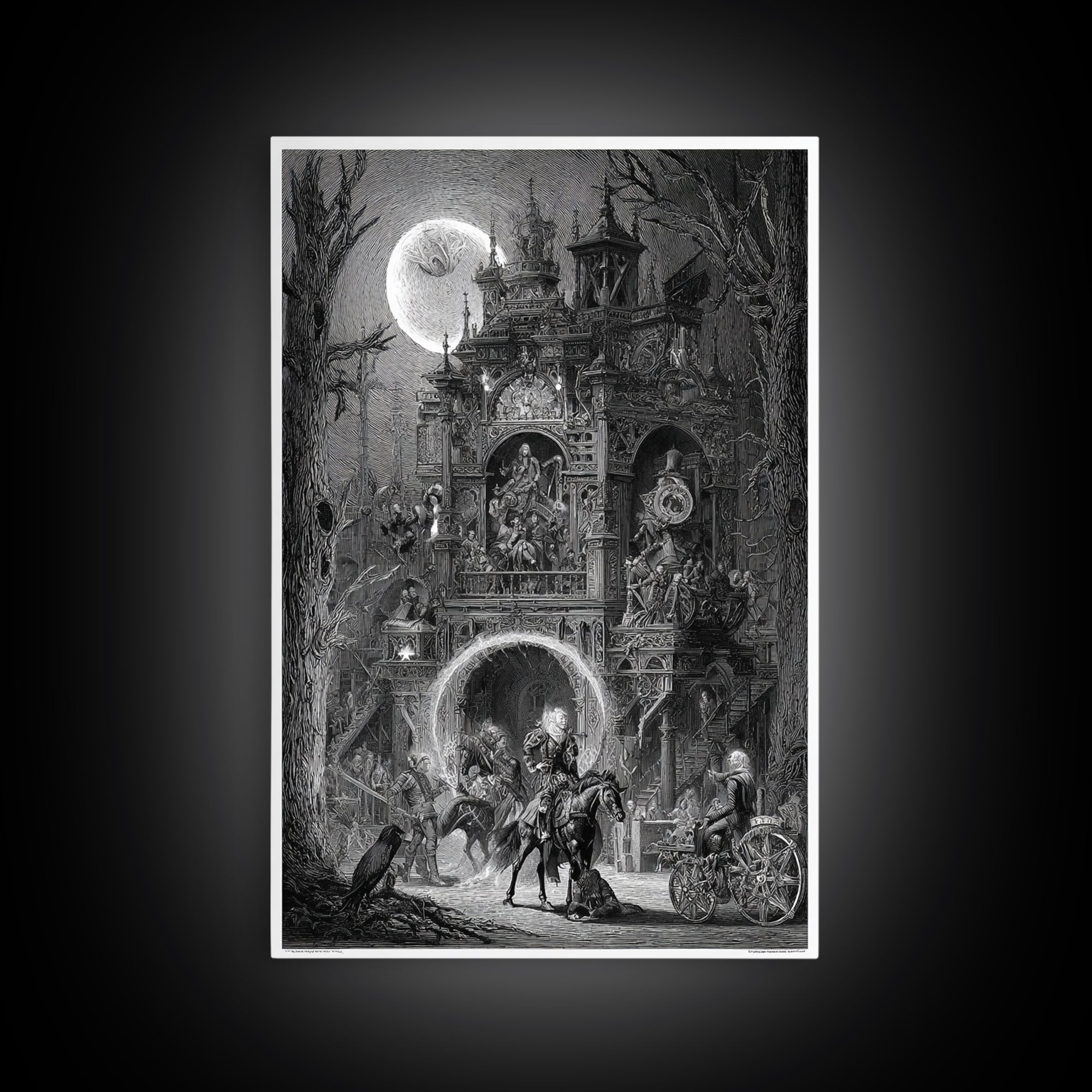 The Clockwork Haunted House, Renaissance Engraving Art, Vertical Wall Art, Macabre Wall Art, Framed Canvas Print, Halloween Wall Art
