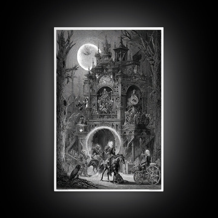 The Clockwork Haunted House, Renaissance Engraving Art, Vertical Wall Art, Macabre Wall Art, Framed Canvas Print, Halloween Wall Art