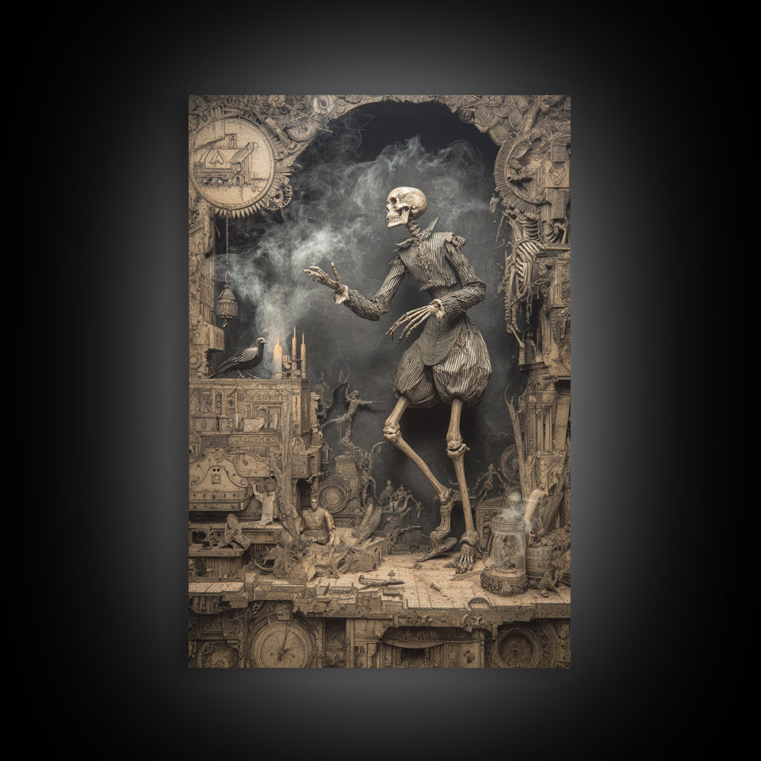 The Clockwork Haunted House, Danse Macabre Art, Vertical Wall Art, Dark Fantasy Wall Art, Framed Canvas Print