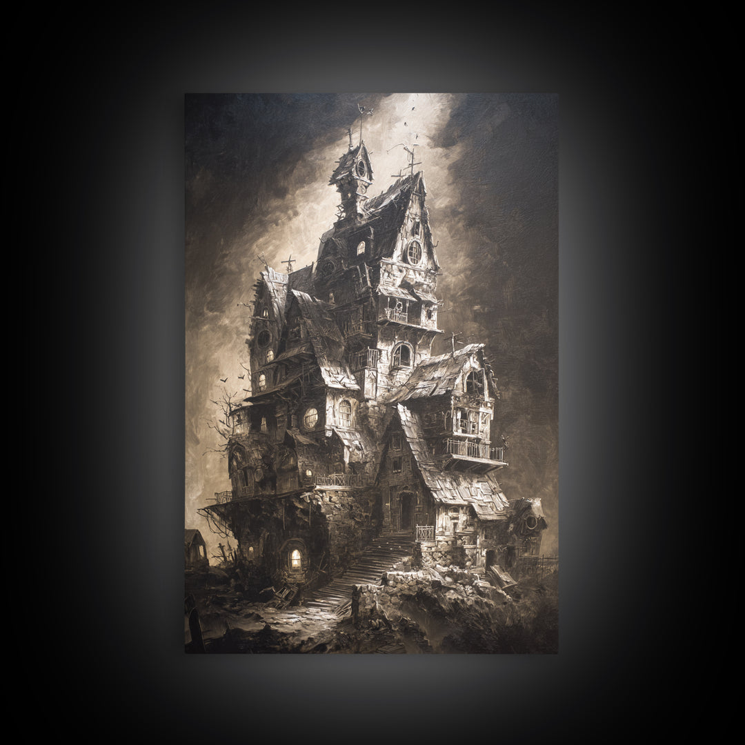 The Clockwork Haunted House, Dark Romantic Horror Art, Vertical Wall Art, Dark Fantasy Wall Art, Canvas Print, Halloween Wall Art