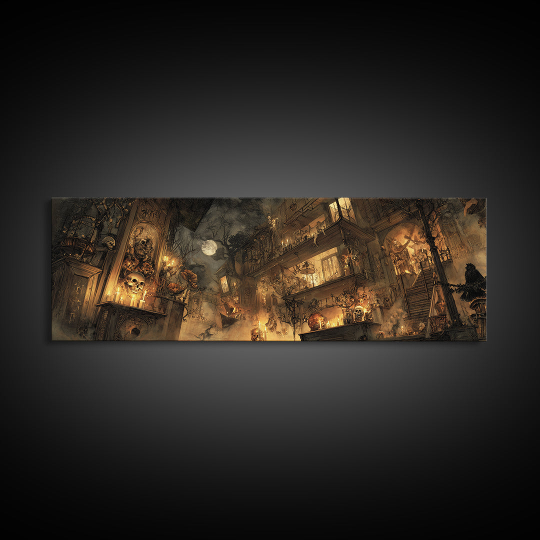 The Clockwork Haunted House, Visionary Gothic Art, Extra Wide Wall Art, Gothic Horror Wall Art, Canvas Print, Halloween Wall Art
