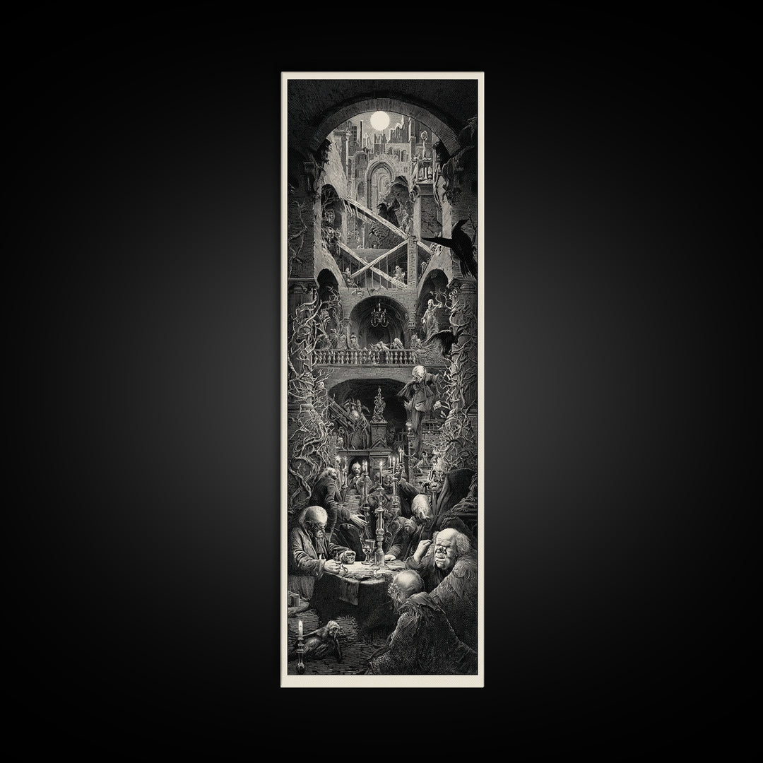 The Clockwork Haunted House, Architectural Etching Art, Tall Narrow Wall Art, Dark Halloween Decor, Canvas Print