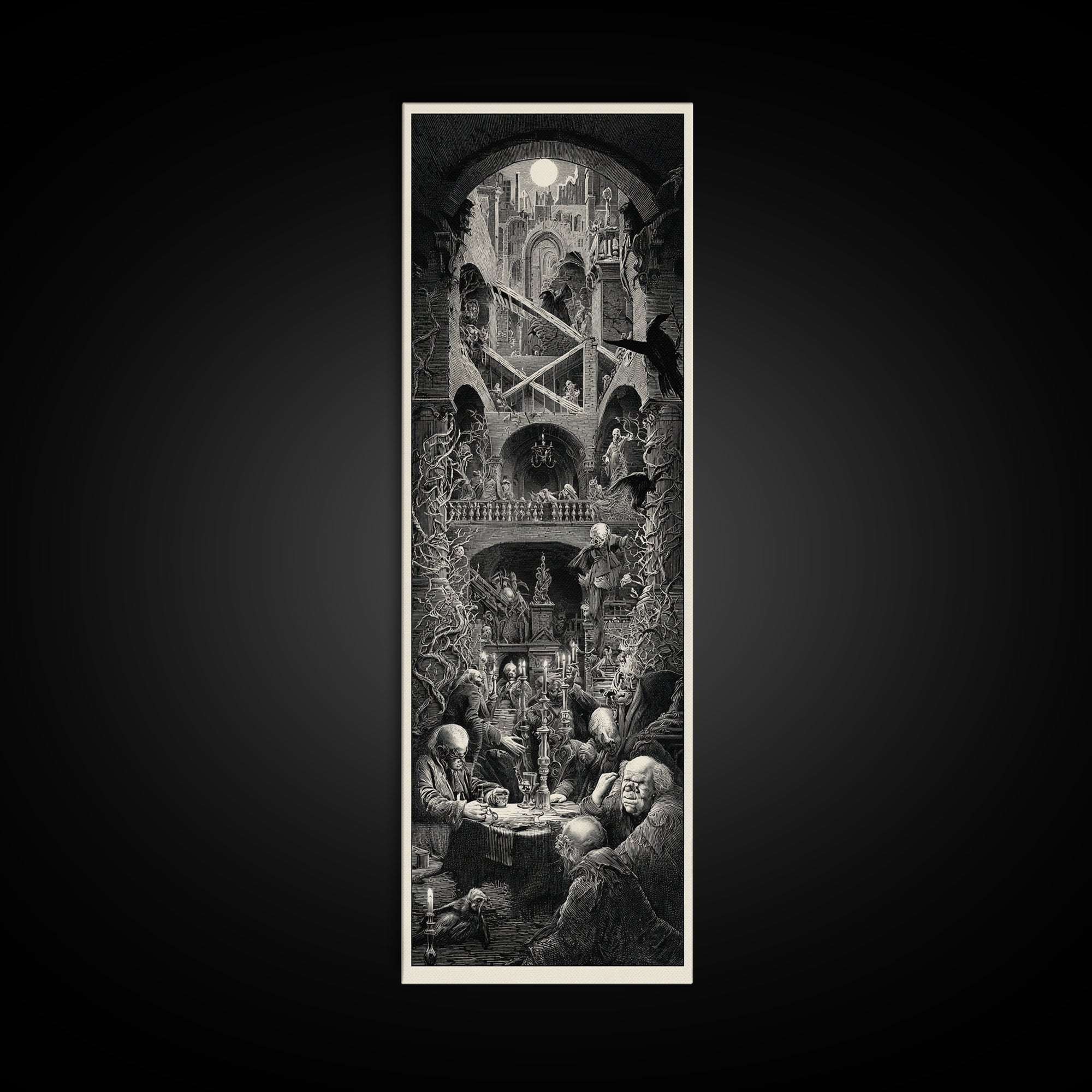 The Clockwork Haunted House, Architectural Etching Art, Tall Narrow Wall Art, Dark Halloween Decor, Canvas Print