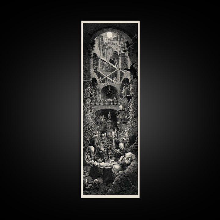The Clockwork Haunted House, Architectural Etching Art, Tall Narrow Wall Art, Dark Halloween Decor, Canvas Print