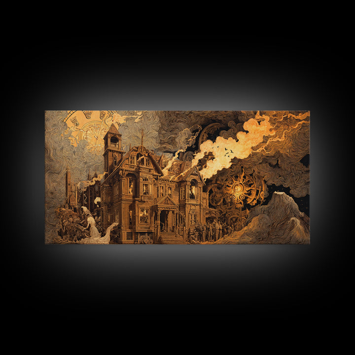 The Clockwork Haunted House, Apocalyptic Romantic Art, Wide Panoramic Art, Gothic Horror Wall Art, Canvas Print, Halloween Wall Art