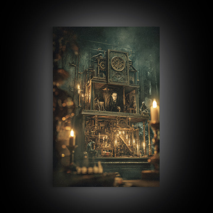 The Clockwork Haunted House, Ornate Symbolist Art, Vertical Wall Art, Dark Halloween Decor, Framed Canvas Print, Halloween Wall Art