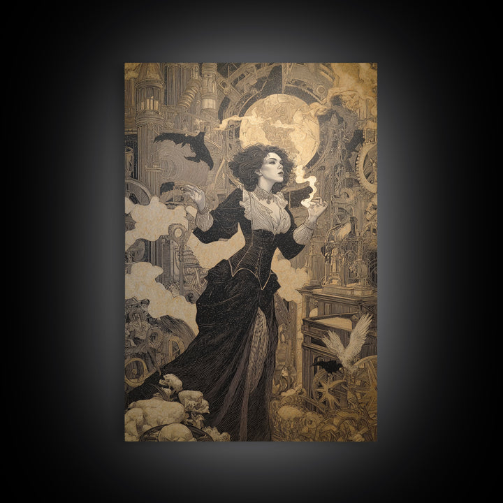 The Clockwork Haunted House, Symbolist Death Art, Vertical Wall Art, Gothic Horror Wall Art, Framed Canvas Print, Halloween Wall Art