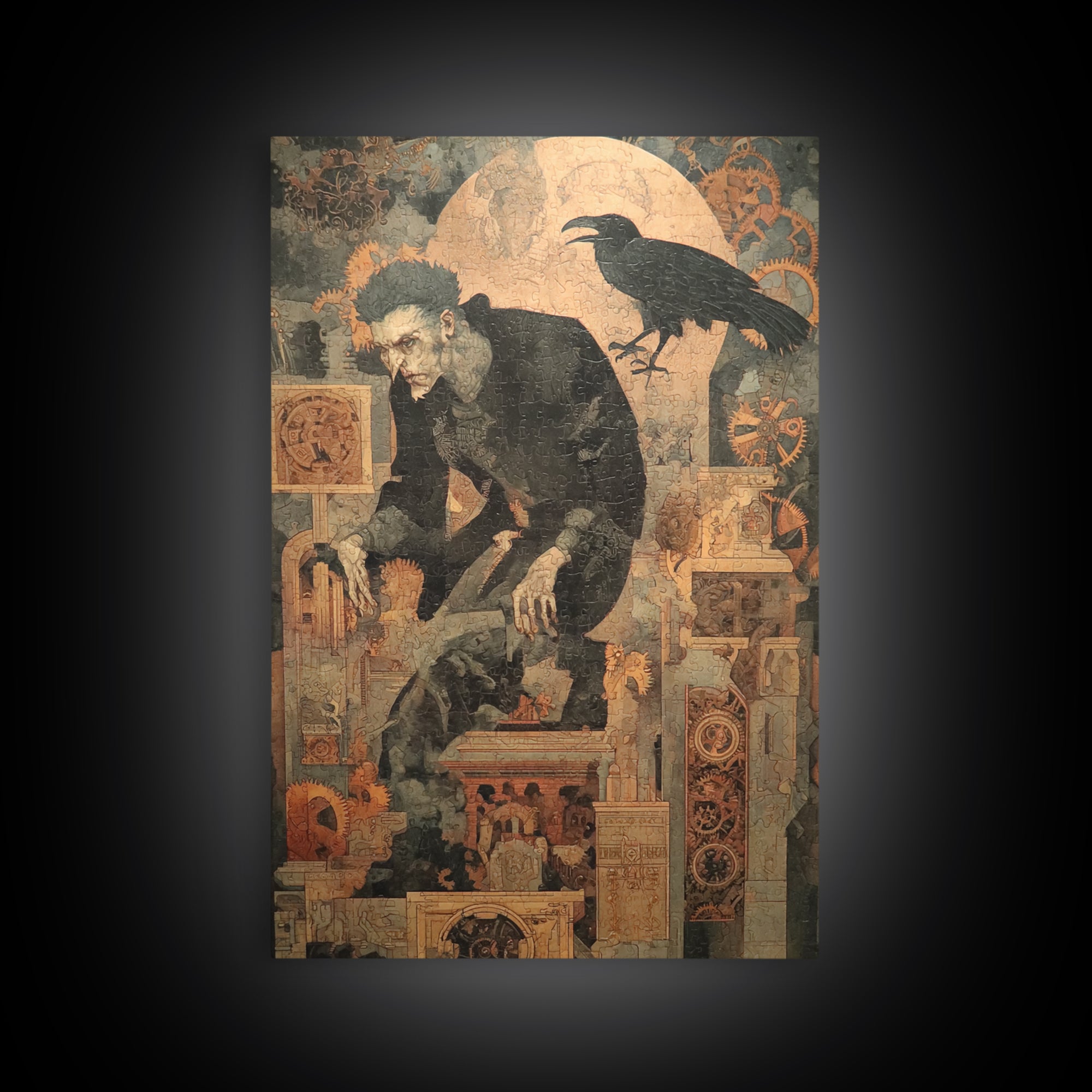 The Clockwork Haunted House, Symbolist Etching Art, Vertical Wall Art, Dark Halloween Decor, Canvas Print, Halloween Wall Art