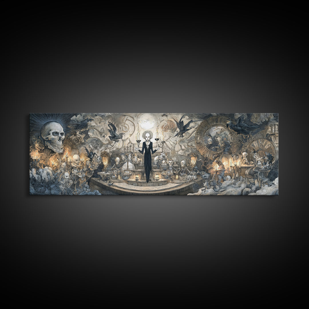 The Clockwork Haunted House, Expressionist Nightmare Art, Extra Wide Wall Art, Dark Halloween Decor, Framed Canvas Print, Halloween Wall Art